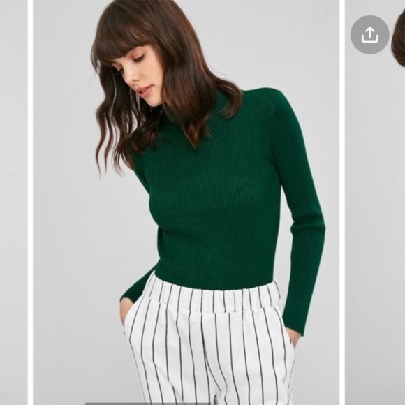 Emerald Green Ribbed Knit Mock Neck Sweater Top - Picture 2 of 6